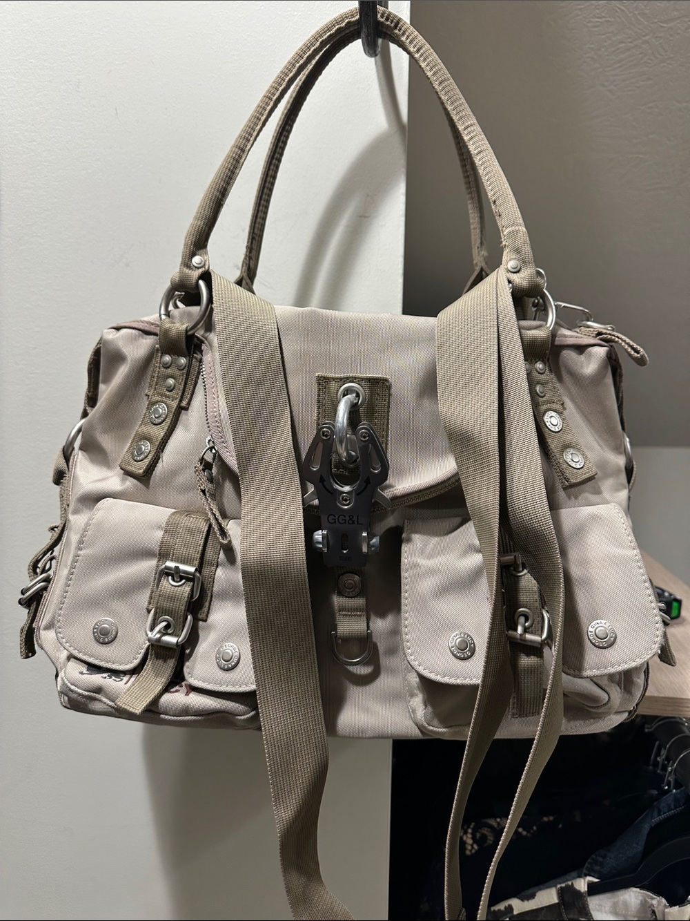 Neutral Taupe Canvas Satchel with Front Buckle Detail